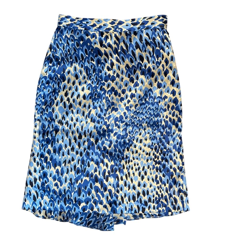 Tibi Abstract Blue 100% Silk Luxe Modern Sz 0 Pencil Ruffle Detail Women's Skirt